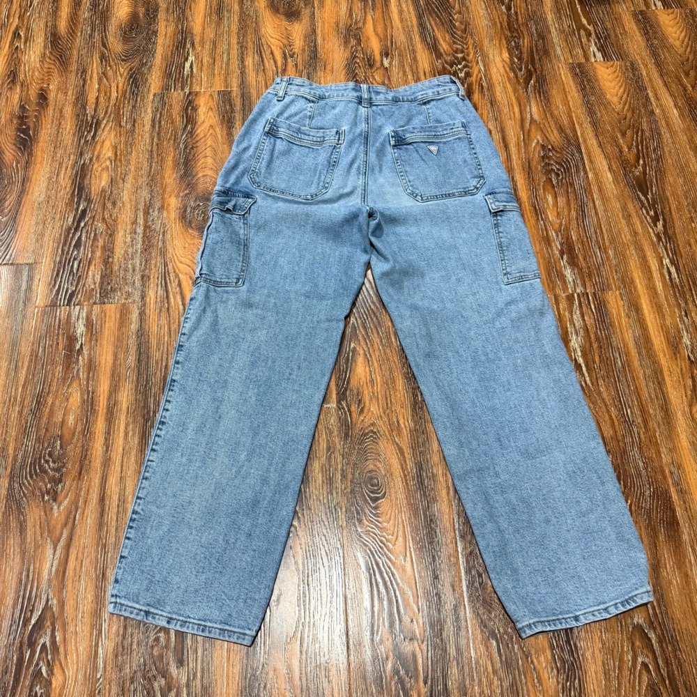 Guess Womens Wide Leg Cargo Jeans Light Wash Blue High Rise Q3BA30D4ON1 31x30